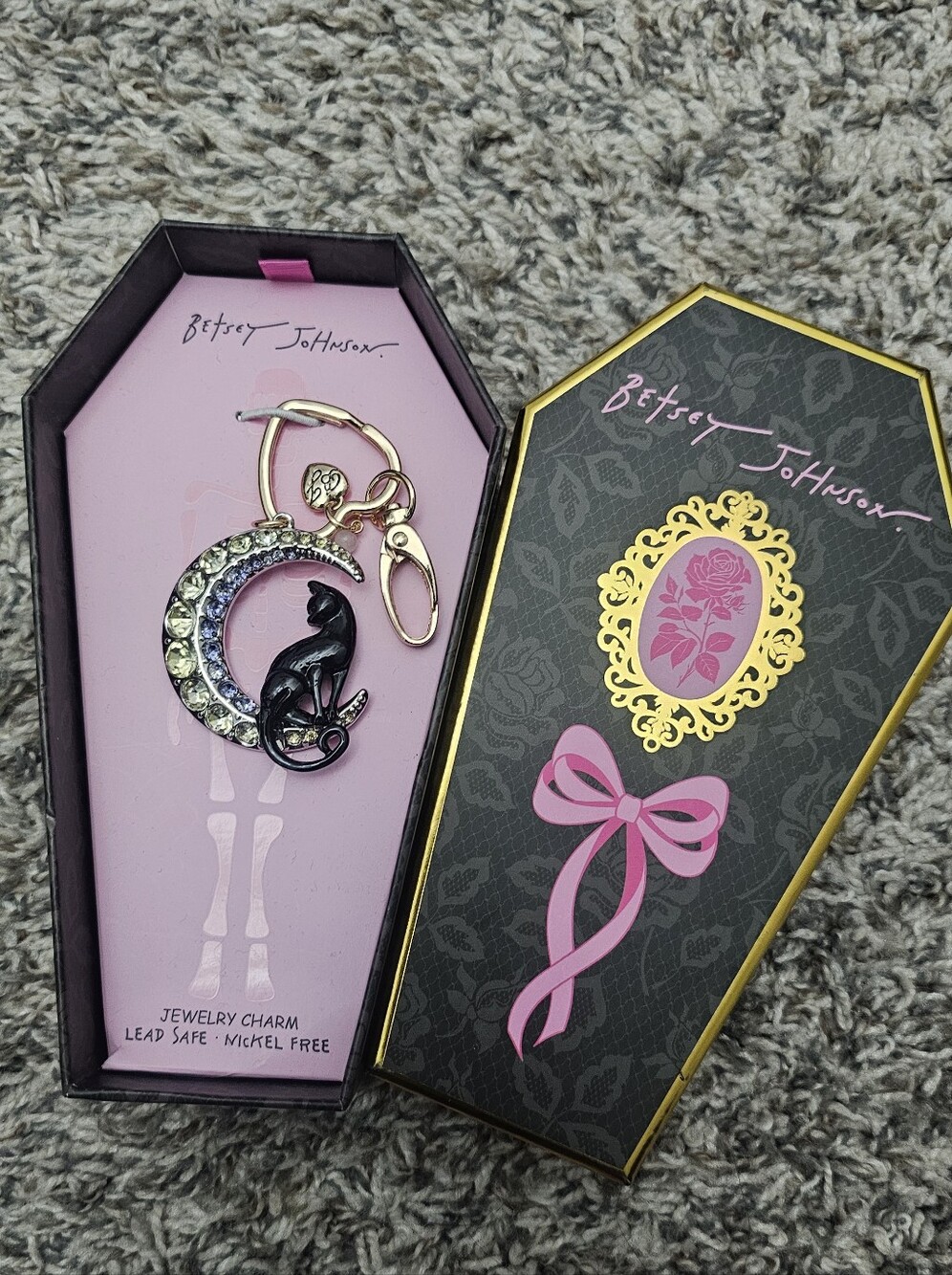 Betsey Johnson Black Cat Crescent Moon Charm Keychain with Rhinestones
